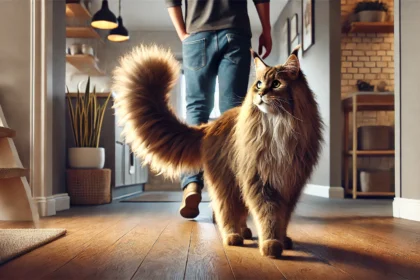 A large, fluffy Maine Coon cat with a majestic mane and bushy tail following its owner through a modern home. The cat looks curious and affectionate, mirroring the owner's steps in a cozy, well-lit setting.