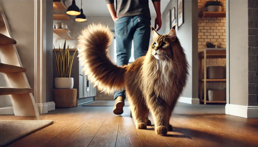 A large, fluffy Maine Coon cat with a majestic mane and bushy tail following its owner through a modern home. The cat looks curious and affectionate, mirroring the owner's steps in a cozy, well-lit setting.